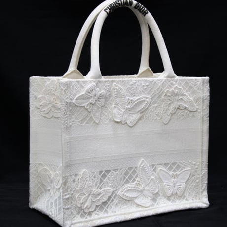 Christian Dior Small Book Tote Bag D-Lace Butterfly Canvas White #76138