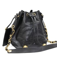 CHANEL CC Logo Drawstring Bucket Bag Caviar Black #76636