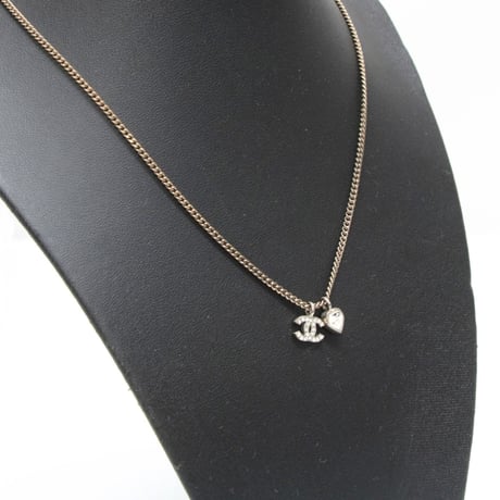 CHANEL CC Logo Heart Pendant Necklace Crystal Silver-toned D11C #76306