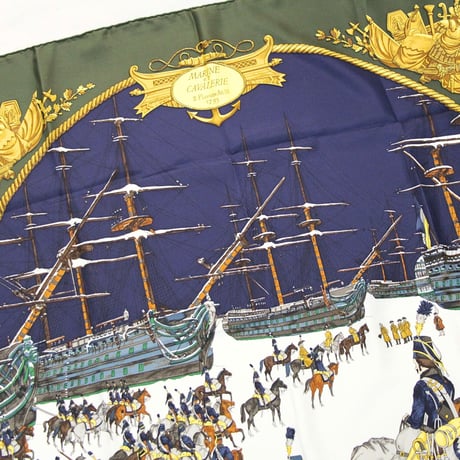 HERMES Carre 90 Silk 100% Scarf Stole "MARINE ET CAVALERIE" #76555