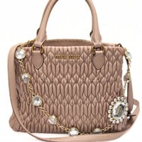Miu Miu Matelasse Satchel Bag with Bijou Chain Nappa Leather Pink Beige #75575