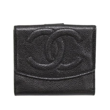CHANEL CC Logo Trifold Wallet Caviar Black #75963