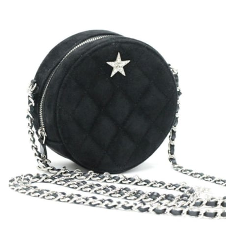 CHANEL Cocostellar Round Clutch with Chain Quilted Suede Black #75685