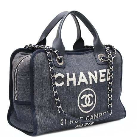 CHANEL Medium Deauville Bowling Bag Denim Canvas Navy #76197