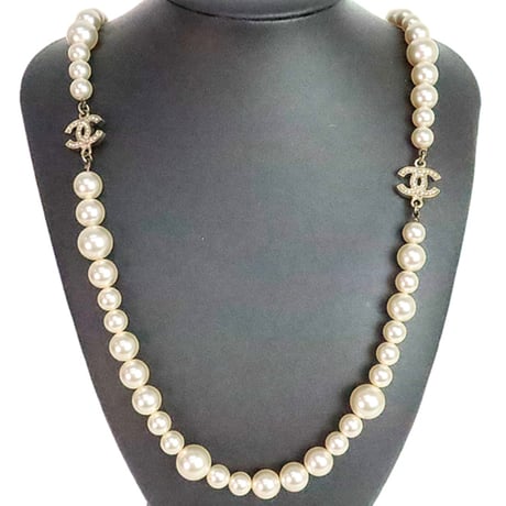 CHANEL Coco Mark Necklace Faux Pearl Crystal Champagne Gold-toned A11P ＃20312