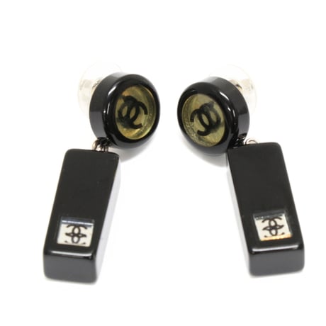 CHANEL CC Logo Dangle Pierced Earrings Silver-toned Resin 01P #76297
