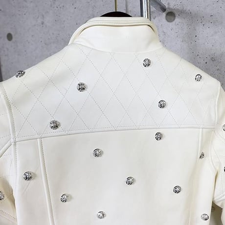 Chrome Hearts Leather Biker Jacket Cross Ball Buttons White ＃104206