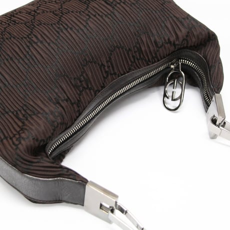 GUCCI Clasp Hobo Shoulder Bag Pleated GG Nylon Brown #76566