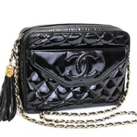 CHANEL Camera Bag with Fringe Charm Quilted Patent Black #75578