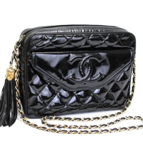 CHANEL Camera Bag with Fringe Charm Quilted Patent Black #75578
