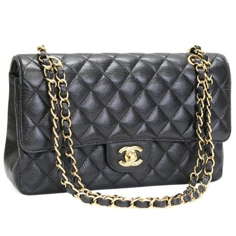 CHANEL Classic 25 Medium Double Flap Bag Quilted Caviar Black ＃76350