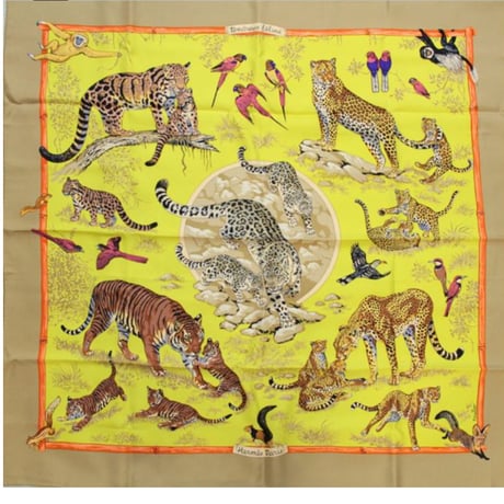 HERMES Carre 90 Silk 100% Scarf Stole "TENDRESSE FELINE" #76493