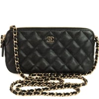 CHANEL Double Zip Phone Holder with Chain Quilted Caviar Black #20228