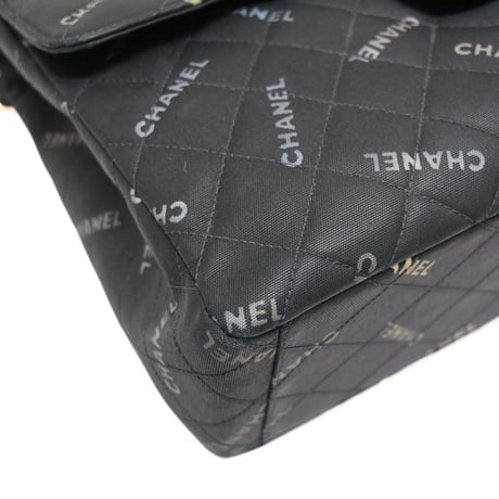 CHANEL Classic 34 Maxi Flap Bag Quilted Canvas Logo Print Black #76155
