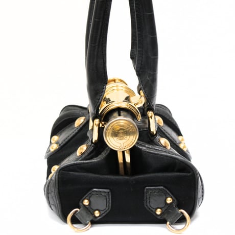 CELINE Triomphe Flip Lock Handbag Satin Crocodile Embossed Leather Black #76813