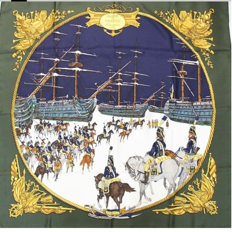 HERMES Carre 90 Silk 100% Scarf Stole "MARINE ET CAVALERIE" #76555