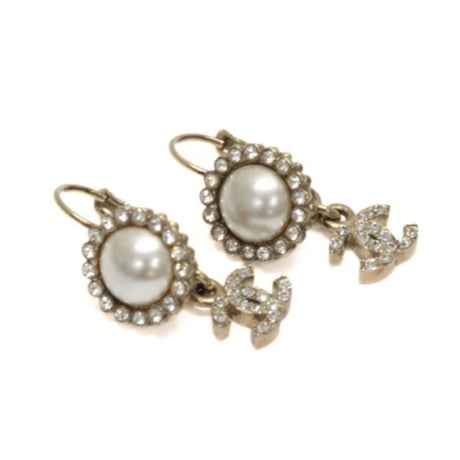 CHANEL Faux Pearl CC Logo Dangle Pierced Earrings Crystal Silver-toned 16A #76292