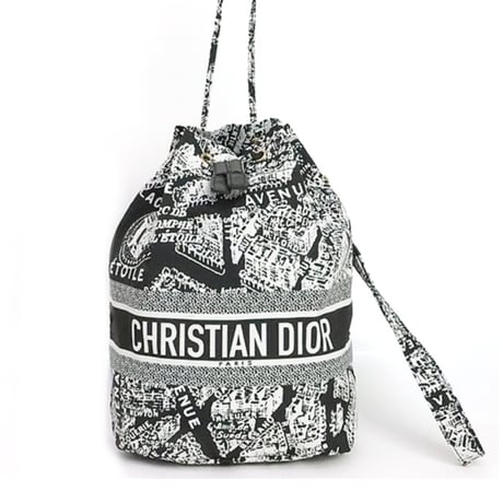 Christian Dior Plan de Paris Drawstring Pouch Nylon Black White #18971