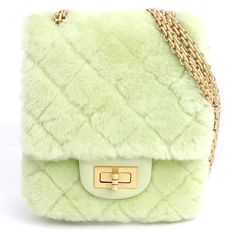 CHANEL Mini Shearling Flap Bag Quilted Leather Green #19639