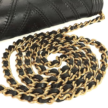 CHANEL Chevron Boy Wallet on Chain Bag Leather Black #20229