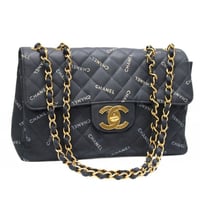 CHANEL Classic 34 Maxi Flap Bag Quilted Canvas Logo Print Black #76155