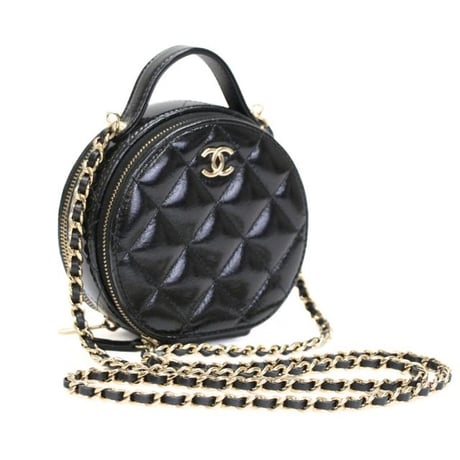 CHANEL Mini Round Vanity Bag with Chain Quilted Glazed Lambskin Black #76198