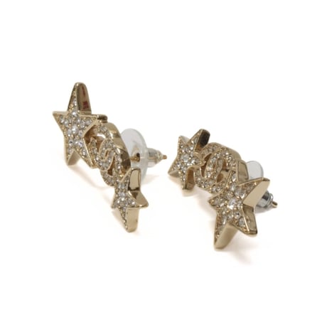 CHANEL CC Logo Star Motif Pierced Earrings Crystal Gold-toned B23C #76294