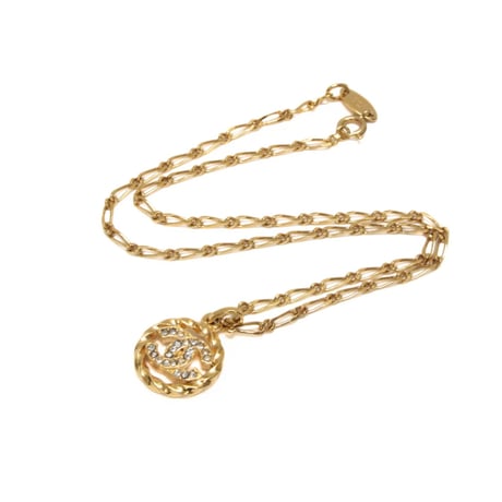 CHANEL Vintage Coco Mark Pendant Necklace Crystal Gold-toned #76293