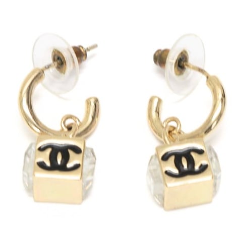 CHANEL CC Logo Cube Dangle Pierced Earrings Crystal Gold-toned A23C #76167