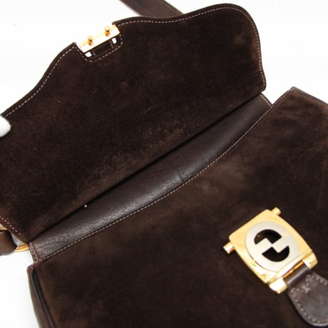 GUCCI Interlocking G Flap Shoulder Bag Suede Leather Brown #76537