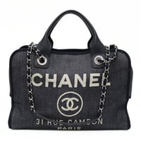 CHANEL Medium Deauville Bowling Bag Denim Canvas Navy #76197