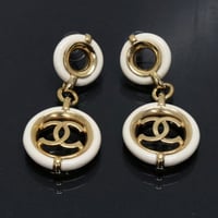 CHANEL CC Logo Dangle Pierced Earrings Gold-toned Resin A19P #75911
