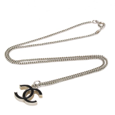 CHANEL CC Logo Pendant Necklace Silver-toned Black 04A #75674
