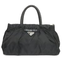 PRADA Bow Handbag Tessuto Nylon Leather Black ＃19786