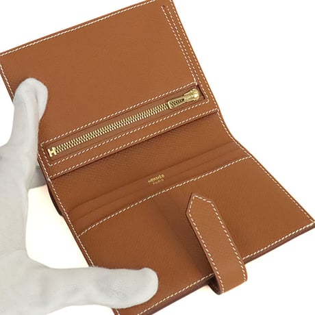 HERMES Bearn Compact Wallet Epsom Leather Gold #20350