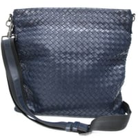 BOTTEGA VENETA Flat Messanger Bag Intrecciato Leather Navy #75792