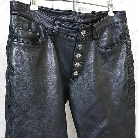 Chrome Hearts Flearknee Heavy Leather Pants with Cross Patches#103652