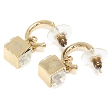 CHANEL CC Logo Cube Dangle Pierced Earrings Crystal Gold-toned A23C #76167