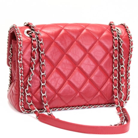 CHANEL Running Chain Around Flap Bag Quilted Crumpled Calfskin Red #75682