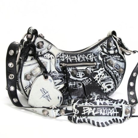 Balenciaga Small Le Cagole Shoulder Bag Graffiti Leather Black #76284
