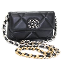 CHANEL 19 Phone Holder with Chain Quilted Lambskin Black #75684