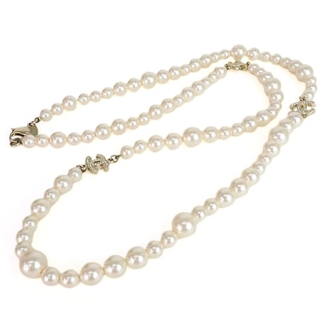 CHANEL Coco Mark Necklace Faux Pearl Crystal Champagne Gold-toned A11P ＃20312