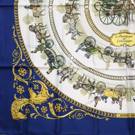 HERMES Carre 90 Silk 100% Scarf Stole "La Promenade de Longchamps" #76750