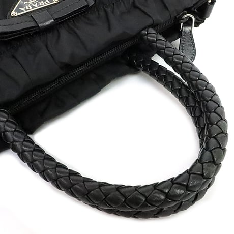 PRADA Bow Handbag Tessuto Nylon Leather Black ＃19786