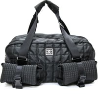 CHANEL Sports Line Chocolate Bar Boston Bag Quilted Nylon Black #76560