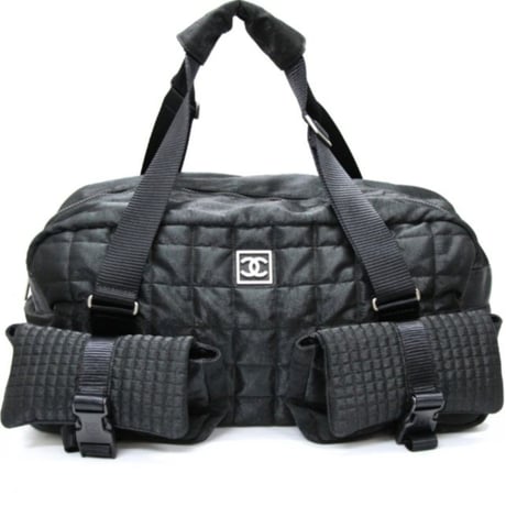 CHANEL Sports Line Chocolate Bar Boston Bag Quilted Nylon Black #76560