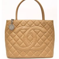 CHANEL Medallion Tote Bag Quilted Caviar Beige #76194
