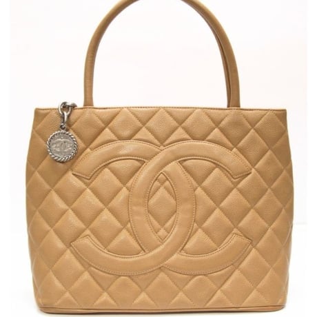 CHANEL Medallion Tote Bag Quilted Caviar Beige #76194