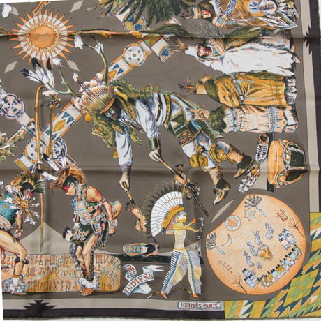HERMES Carre 90 Silk 100% Scarf Stole "LES DANSES DES INDIENS" #76490