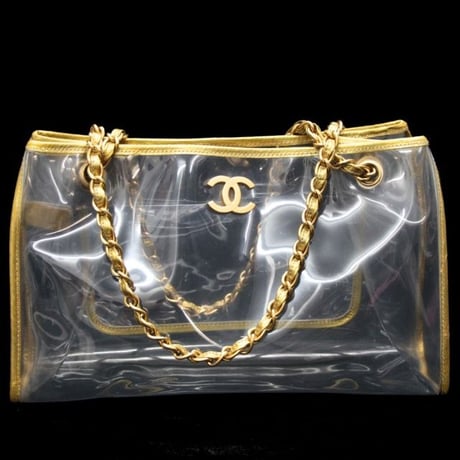 CHANEL Shopper Tote Bag Vinyl Gold #75535
